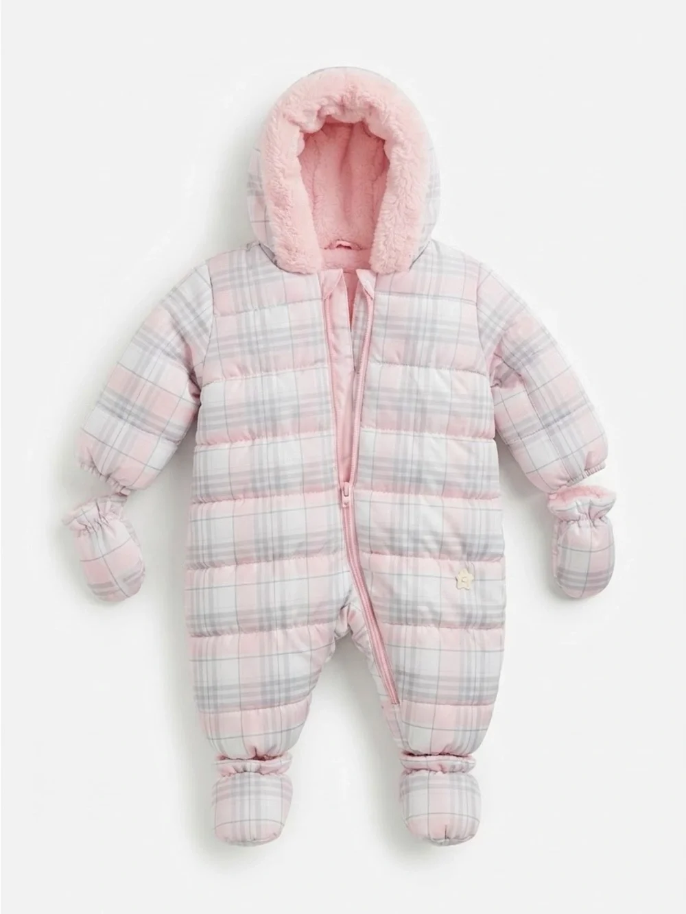 Brums Baby Girl Plaid Puffer Snowsuit with Faux Fur Hood, Size 3 Months
